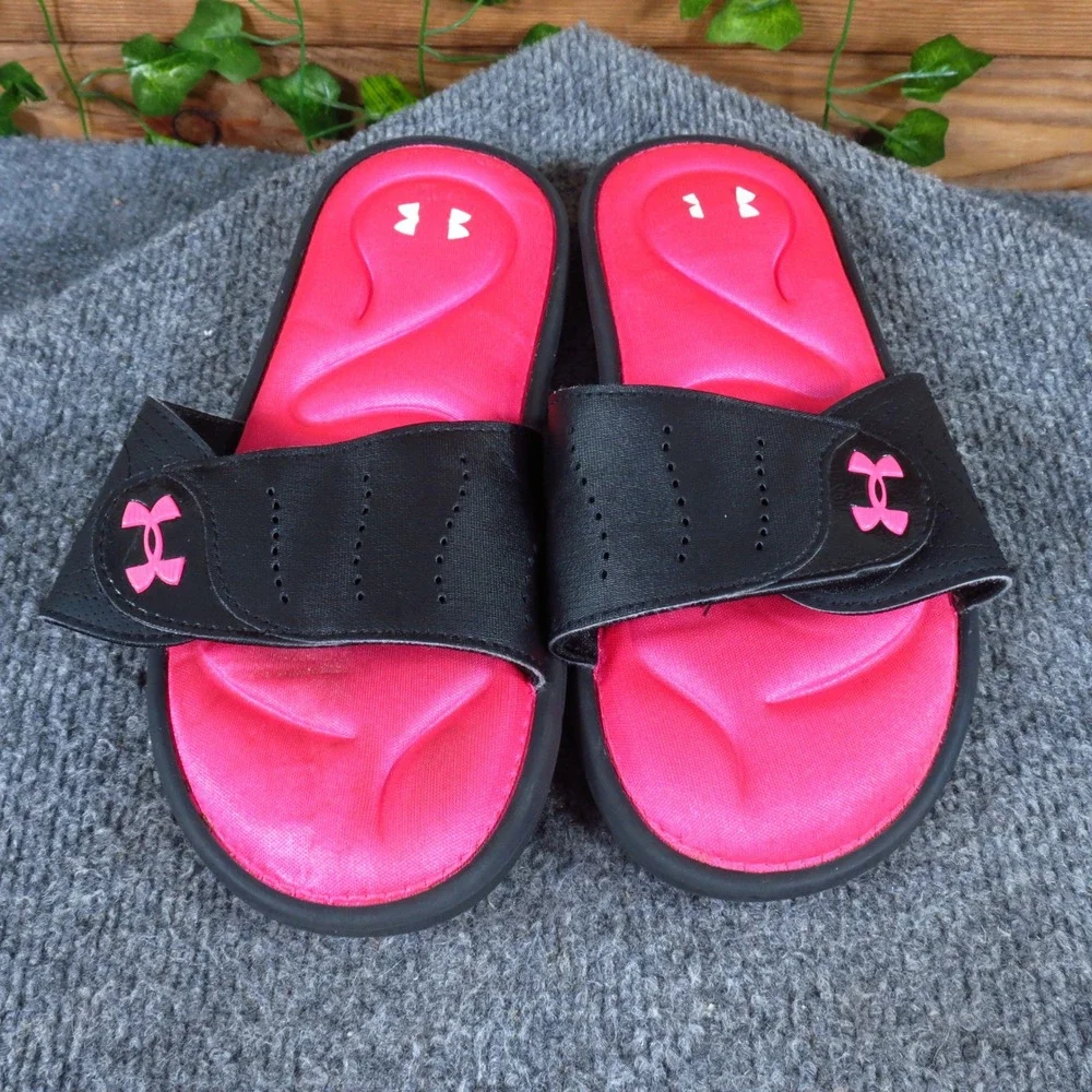 Under Armour Ignite Girls Slide Sandals Size 5Y Athletic Sports Black Pink